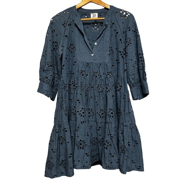 Anthropologie dRA Yara Mini Tiered Babydoll Dress Medium Eyelet 3/4 Sleeve Blue - Picture 2 of 12
